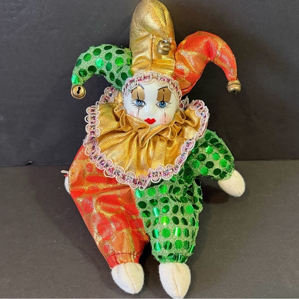 Vintage Porcelain Harlequin Jester Doll Mardi Gras Small Orange Green Gold 8"